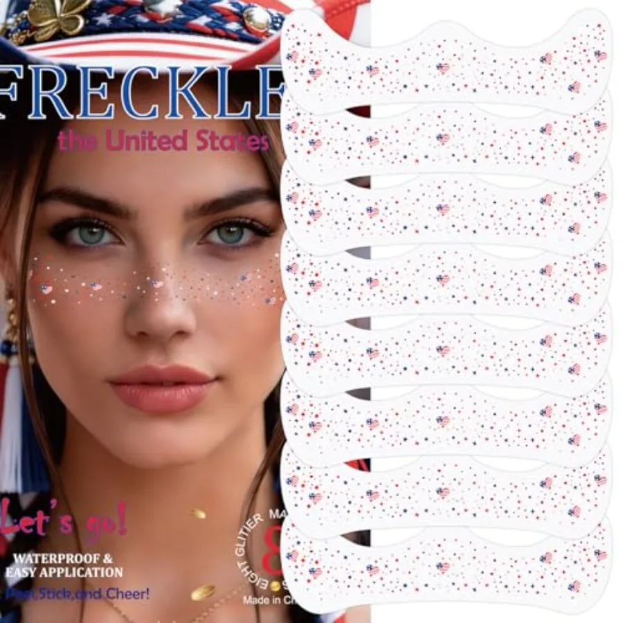 8Pcs Patriotic Red White and Blue Glitter Freckles Face Tattoo, 4th of July Freckles Sparkle, 4th of July Outfits for Women,Fou
8Pcs Patriotic Red White and Blue Glitter Freckles Face Tattoo, 4th of July Freckles Sparkle, 4th of July Outfits for Women,Fou