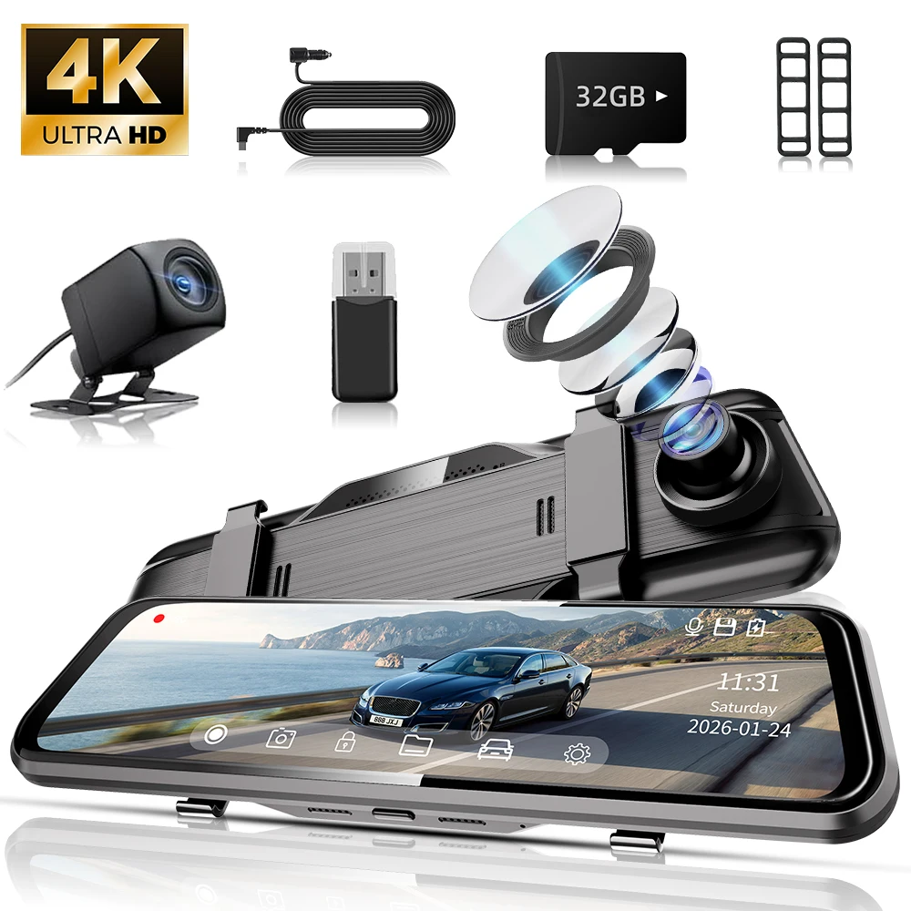 10-дюймовый 4K видеорегистратор-зеркало для автомобилей, 4K камера переднего вида и 1080P камера заднего вида с сенсорным экраном, угол обзора 170° ° Широкоугольный объектив, ночное видение
10-дюймовый 4K видеорегистратор-зеркало для автомобилей, 4K камера переднего вида и 1080P камера заднего вида с сенсорным экраном, угол обзора 170° ° Широкоугольный объектив, ночное видение