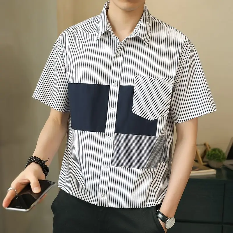 Turn-down Collar Loose Shirts Summer New Striped Patchwork Men's Clothing Fashion Pockets Contrasting Colors Casual Daily Shirts
Turn-down Collar Loose Shirts Summer New Striped Patchwork Men's Clothing Fashion Pockets Contrasting Colors Casual Daily Shirts