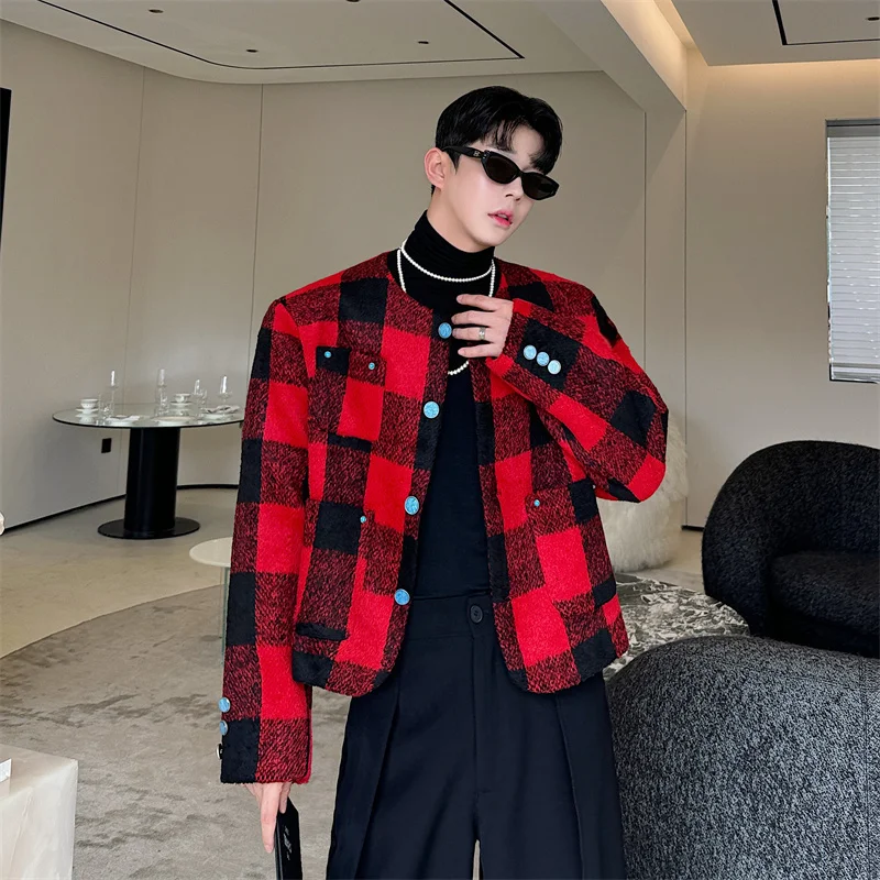 Korean Style New Trend Men's Collarless Jackets Outerwear Fashion Personality Red Plaid Casual Short Coat 2024 Winter
Korean Style New Trend Men's Collarless Jackets Outerwear Fashion Personality Red Plaid Casual Short Coat 2024 Winter