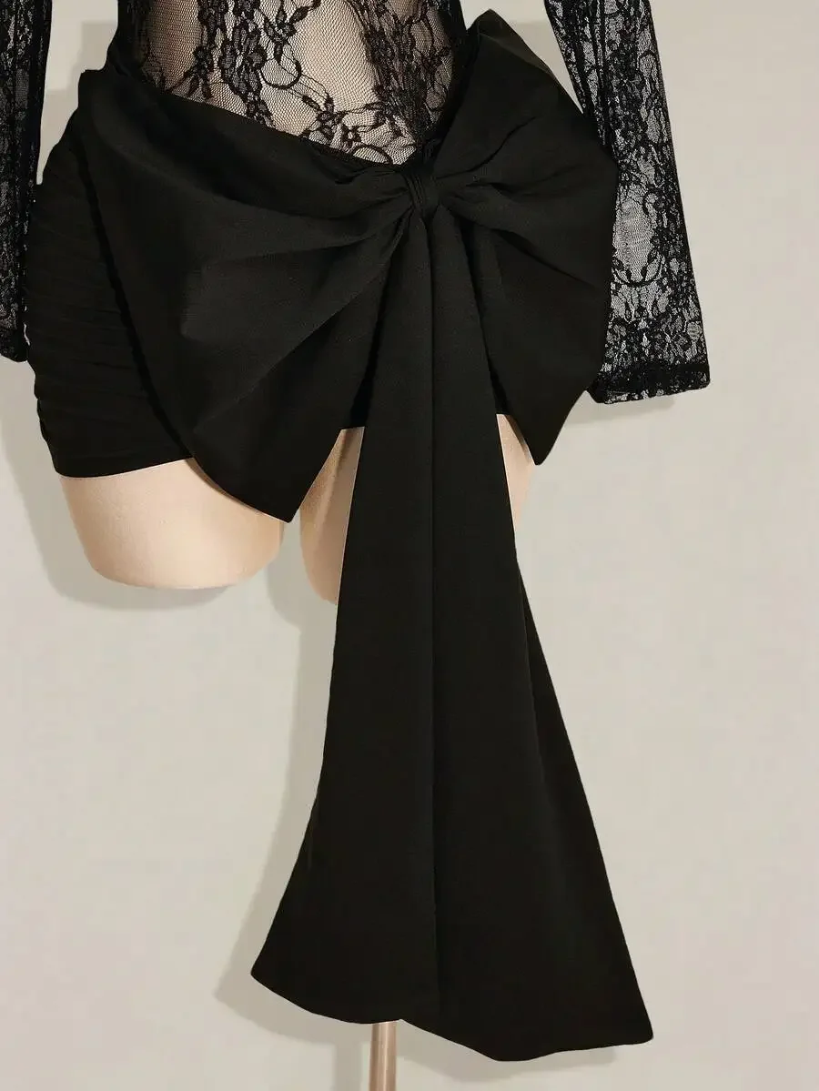 Black Lace Sheer Mini Dress With Large Bow Decor For Women Party Evening Wear
Black Lace Sheer Mini Dress With Large Bow Decor For Women Party Evening Wear
