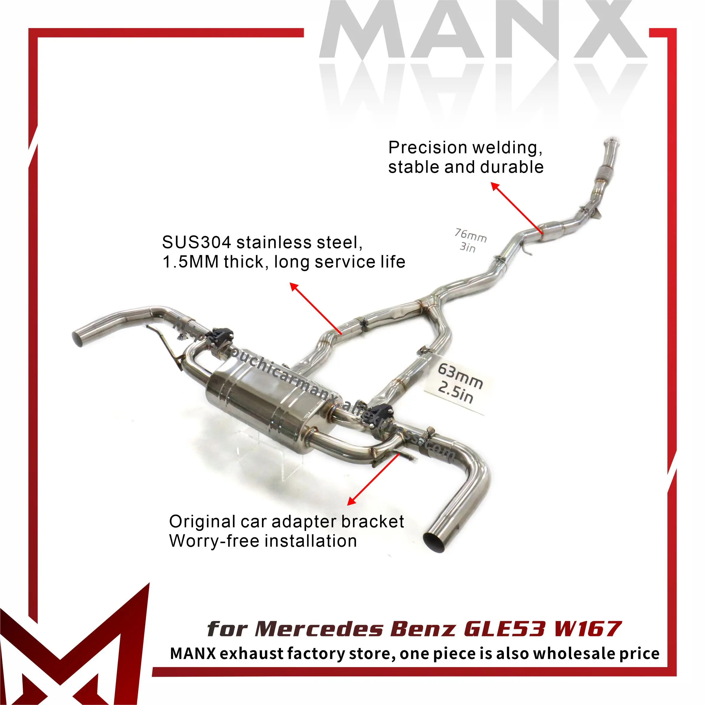 MANX Exhaust system for Mercedes Benz GLE53 W167 Catback SS304 Replacement installation Electronic valves
MANX Exhaust system for Mercedes Benz GLE53 W167 Catback SS304 Replacement installation Electronic valves