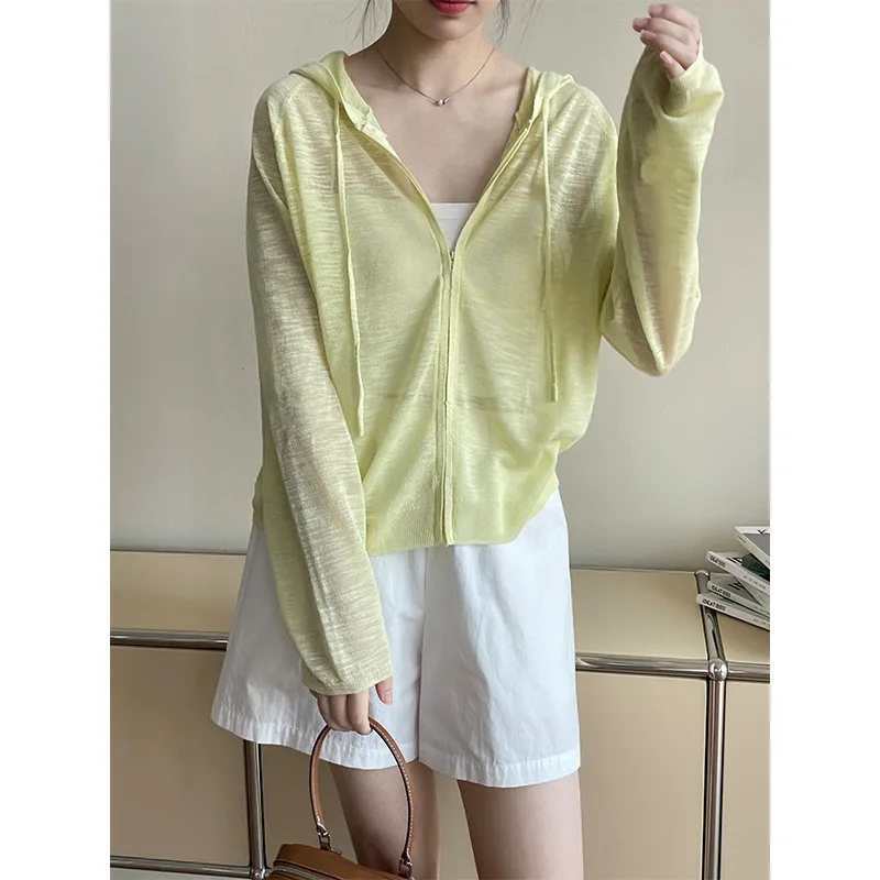 Summer Thin Hooded Knitted Cardigan Women's Zipper Micro Transparent Sunscreen Top
Summer Thin Hooded Knitted Cardigan Women's Zipper Micro Transparent Sunscreen Top