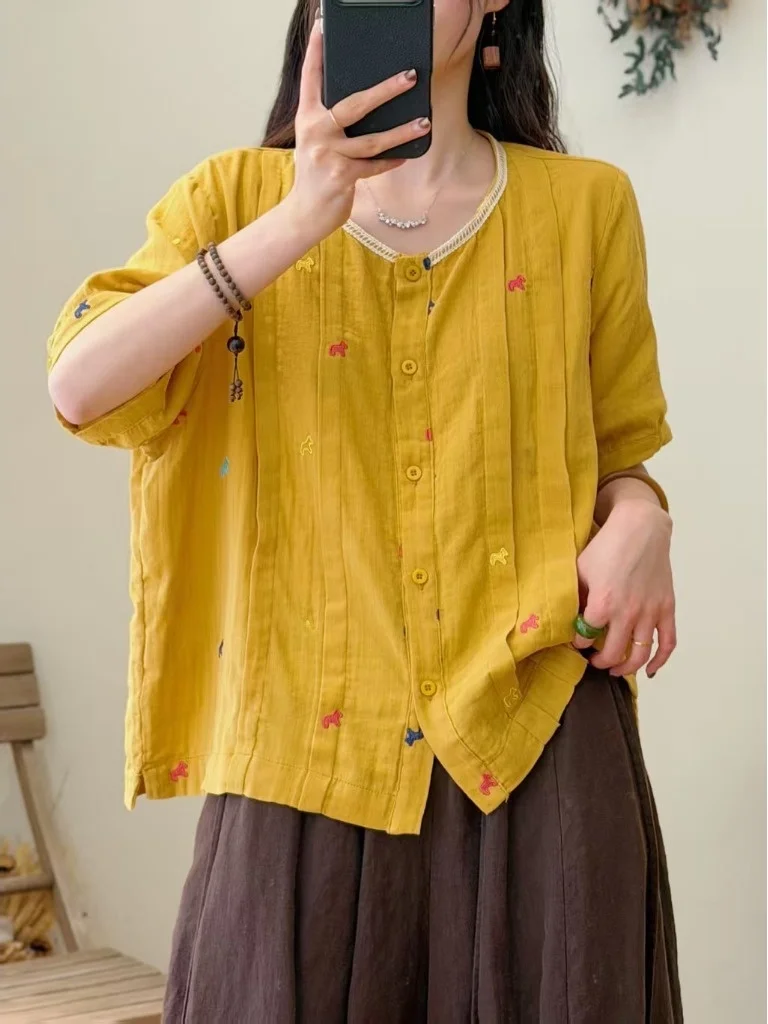 Loose Fit Double Layer Cotton Shirt with Embroidery Short Sleeve Open Cardigan Top for plus Size Women Casual Summer Shirt
Loose Fit Double Layer Cotton Shirt with Embroidery Short Sleeve Open Cardigan Top for plus Size Women Casual Summer Shirt