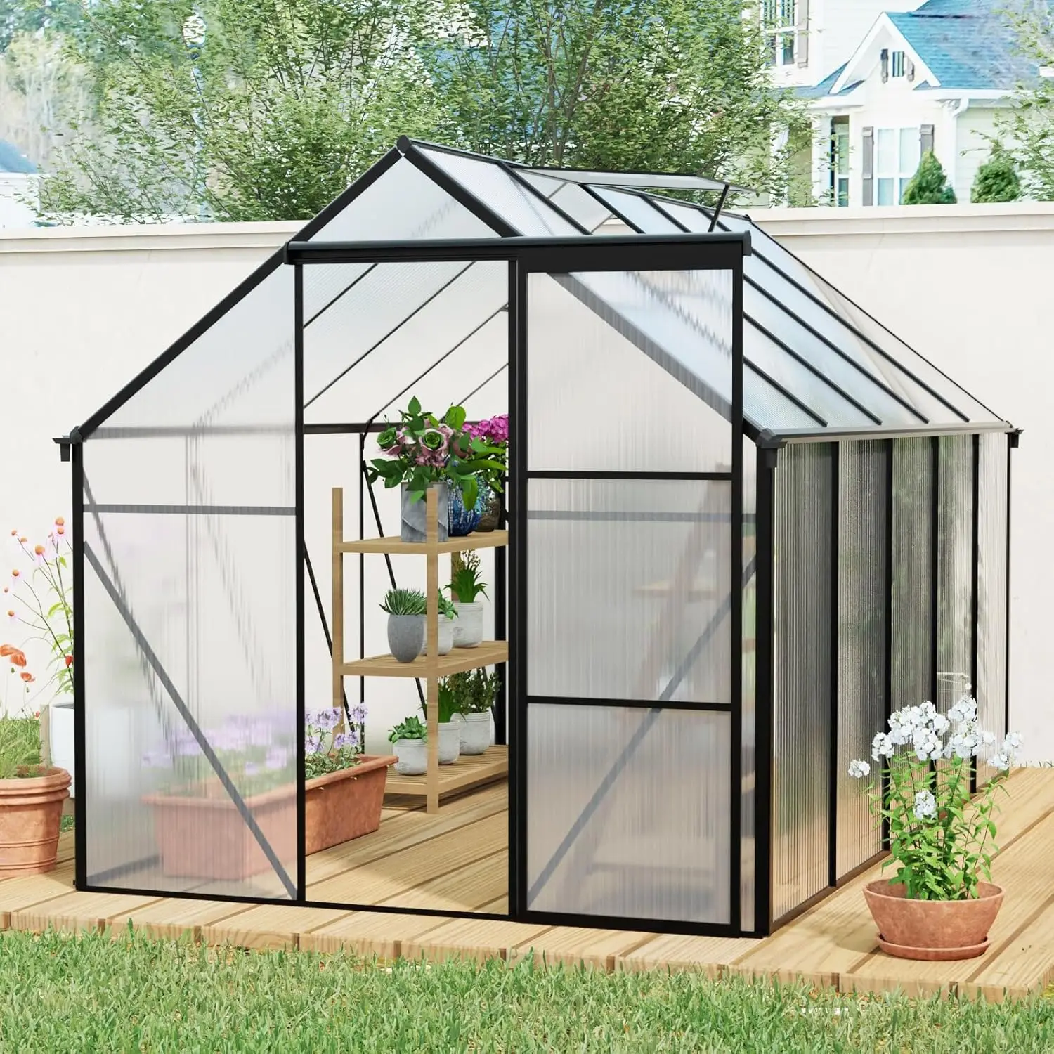 6×10 FT Black Polycarbonate Greenhouse for Outdoors with Aluminum Frame & Raised Base, Walk-in Green House with Sliding, Custom
6×10 FT Black Polycarbonate Greenhouse for Outdoors with Aluminum Frame & Raised Base, Walk-in Green House with Sliding, Custom