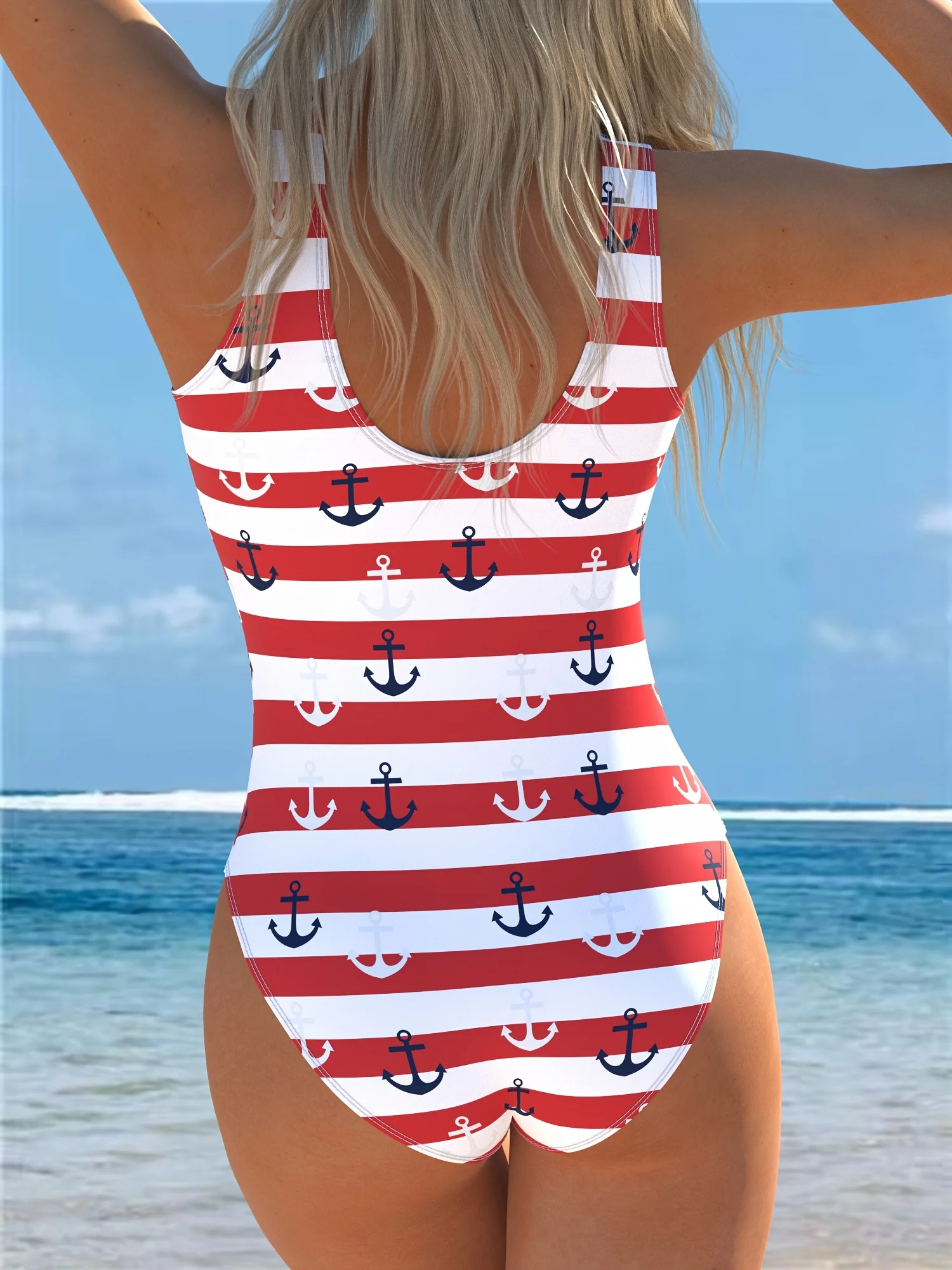 Women'S One-Piece Swimsuit with Anchor Stripe Print, Round Neck, High-Stretch Fabric, Suitable for Beach And Pool
Women'S One-Piece Swimsuit with Anchor Stripe Print, Round Neck, High-Stretch Fabric, Suitable for Beach And Pool