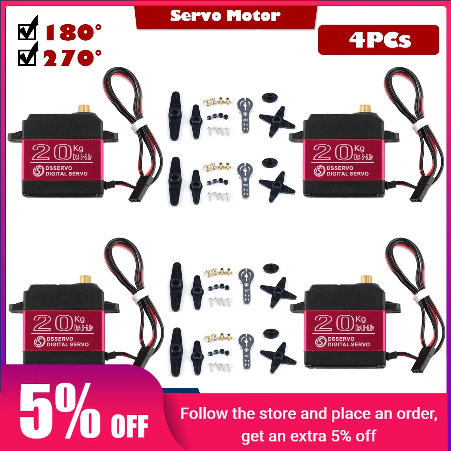 4PCS DS3218 Pro Digital Servo 20KG Baja Servo Large Torque High Speed 0.09S Metal Gear RC Servo For 1/8 1/10 1/12 Scale RC Cars
4PCS DS3218 Pro Digital Servo 20KG Baja Servo Large Torque High Speed 0.09S Metal Gear RC Servo For 1/8 1/10 1/12 Scale RC Cars