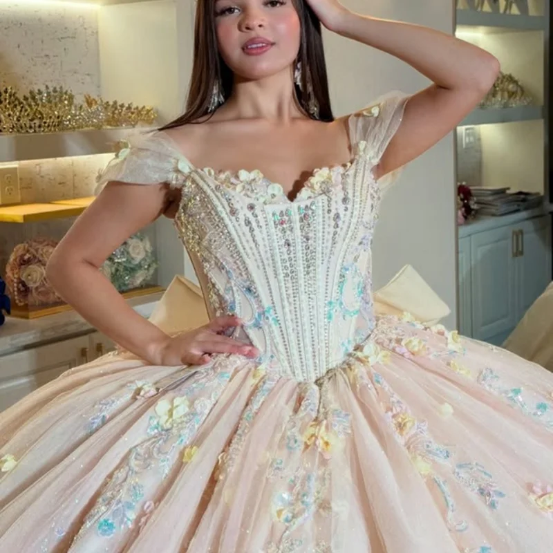 Customized Light Champagne Quinceanera Dresses Off the Shoulder crystal applique 3D flower Long tail Bow Vestido 15 Quinceanera
Customized Light Champagne Quinceanera Dresses Off the Shoulder crystal applique 3D flower Long tail Bow Vestido 15 Quinceanera