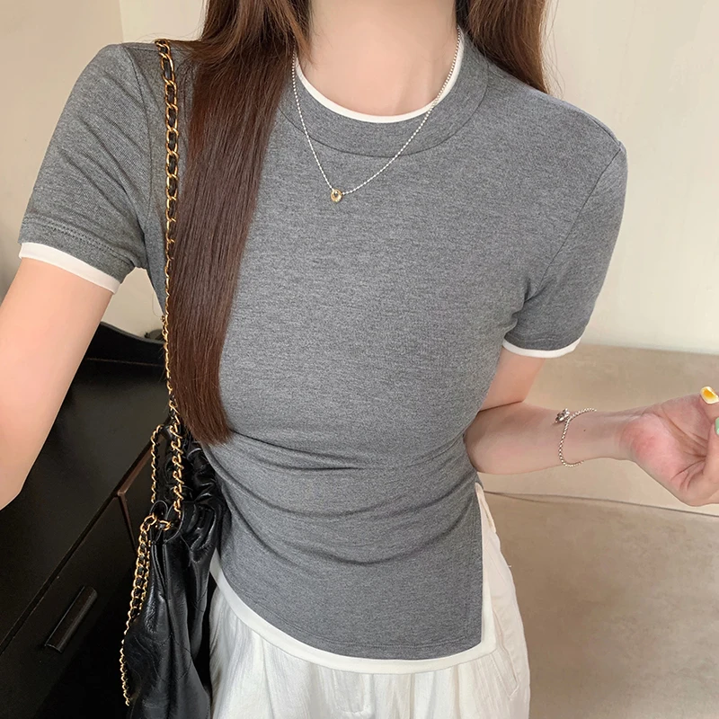Women Tops Fake Two Piece Bottom Shirt Collision Color Slim Short Sleeve Irregular Slim Hundred Short Sleeve T-Shirt Cottoon
Women Tops Fake Two Piece Bottom Shirt Collision Color Slim Short Sleeve Irregular Slim Hundred Short Sleeve T-Shirt Cottoon