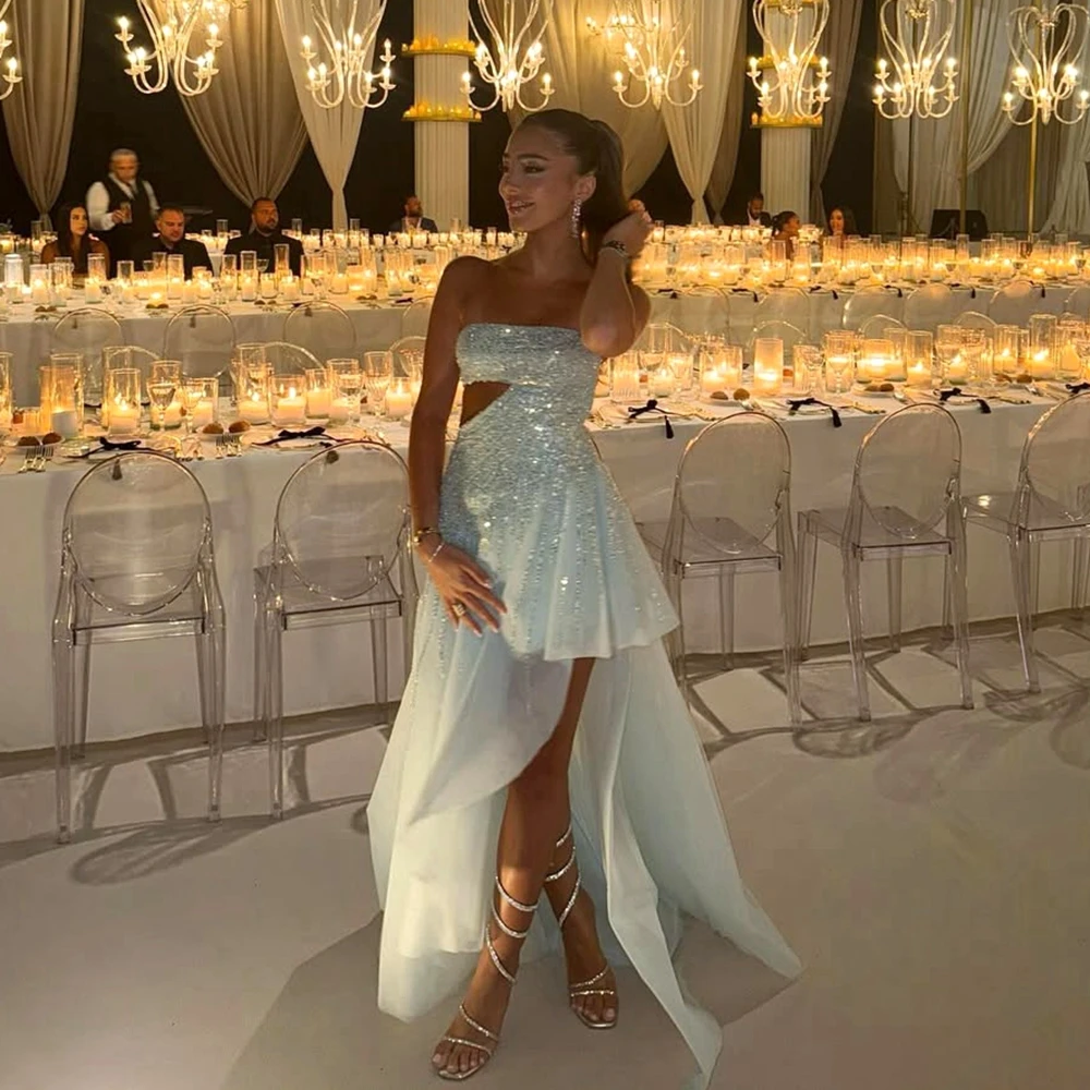 Sequined Strapless Hi Low Prom Dress with Long Train Sparkle Crystal Mesh Puffy Formal Events Dresses Lace Appliques Party Gowns
Sequined Strapless Hi Low Prom Dress with Long Train Sparkle Crystal Mesh Puffy Formal Events Dresses Lace Appliques Party Gowns