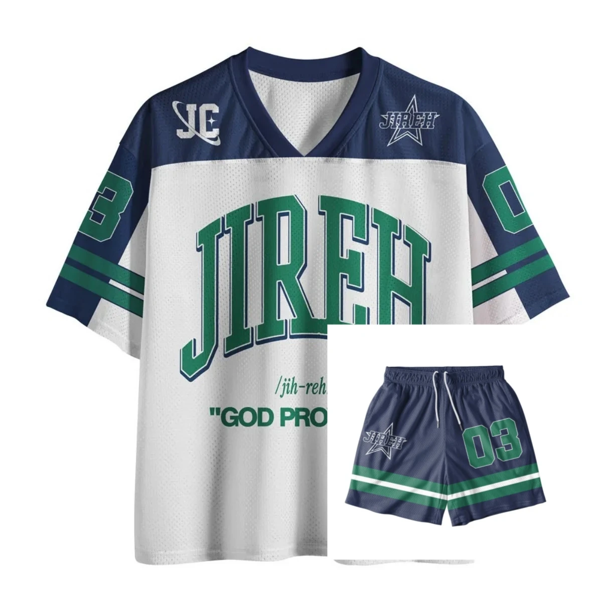 Jireh God Provider Christian Jersey & Shorts Set American Retro Rugby Style Men's T-Shirt Set Summer Casual Training Dry-Fit Set
Jireh God Provider Christian Jersey & Shorts Set American Retro Rugby Style Men's T-Shirt Set Summer Casual Training Dry-Fit Set