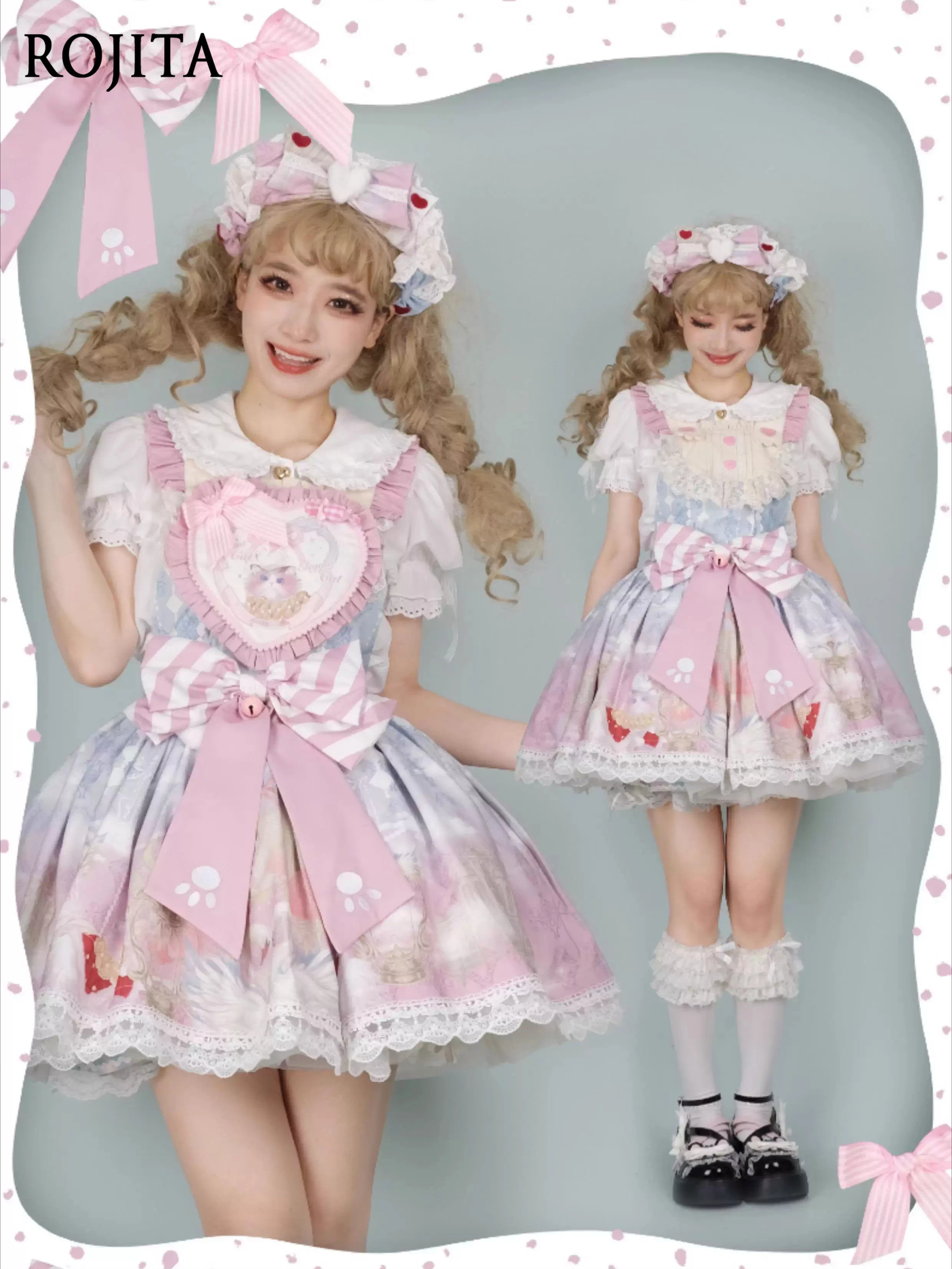 Suspender Skirt Pink Sweet Lolita JSK Dress Pastel Pink Blue Cat Heart Print Large Bow with Bell and Paw Print Lace Trim Dress
Suspender Skirt Pink Sweet Lolita JSK Dress Pastel Pink Blue Cat Heart Print Large Bow with Bell and Paw Print Lace Trim Dress