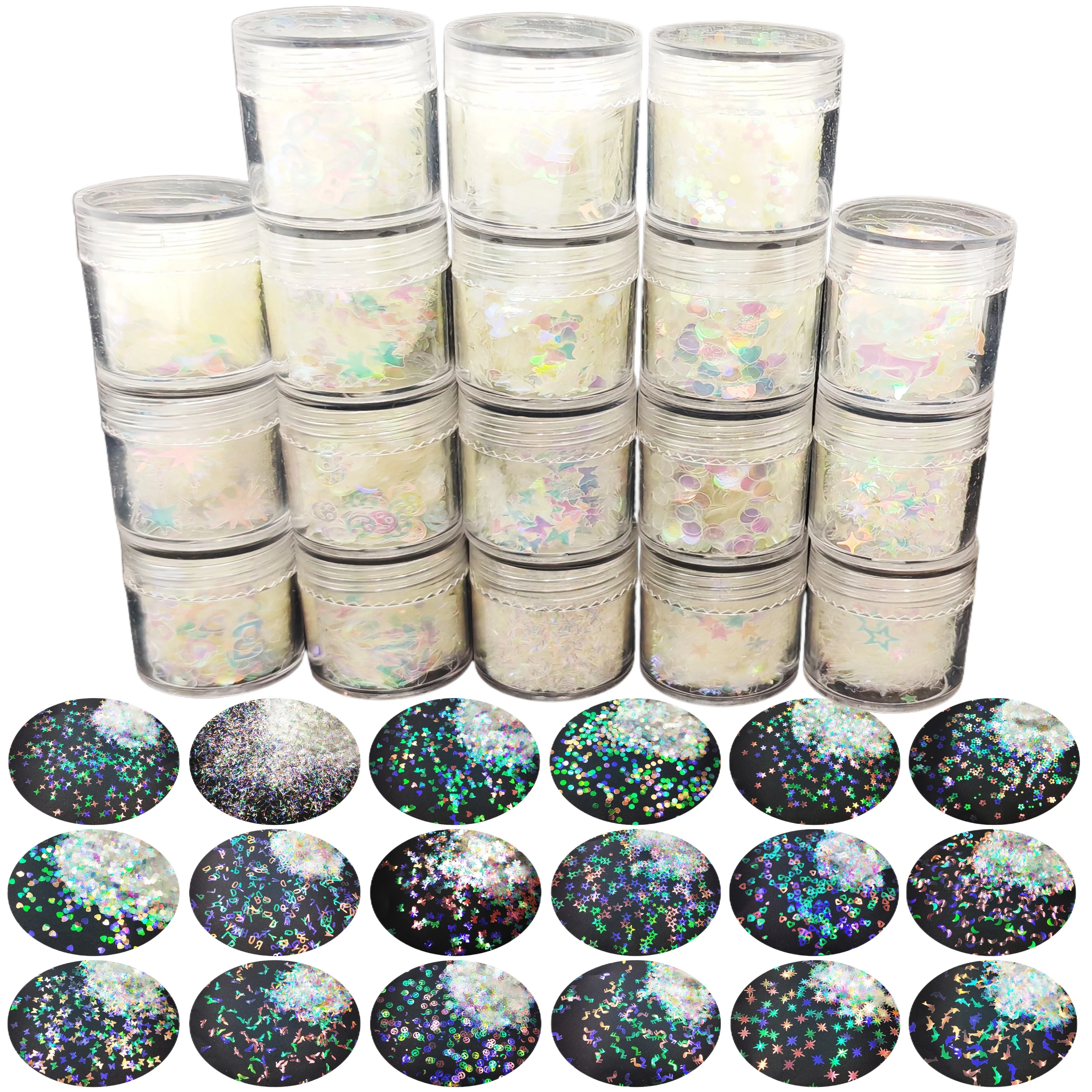18 Jars Holographic Iridescent White Glitter Mix Star Moon Music Bowtie Smile Flake Sequins for Nail Art Crafts Festival Body
18 Jars Holographic Iridescent White Glitter Mix Star Moon Music Bowtie Smile Flake Sequins for Nail Art Crafts Festival Body