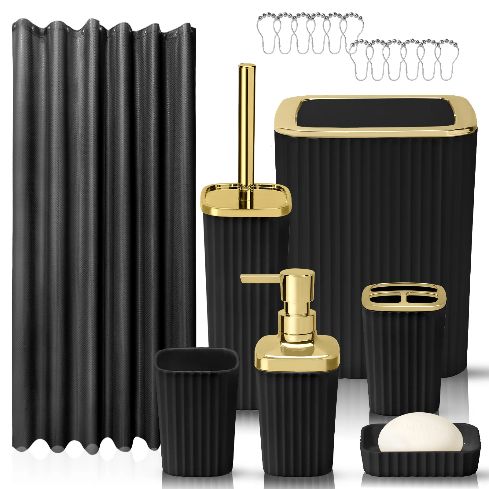 8pcs/ Set - Black/ White Shower Curtain Set, Toothbrush Holder, Mouthwash Cup, Soap Dispenser, Soap Dish, Toilet Brush, Trash Can Hook For Bathroom Supplies, Bath Set Housewarming Gift
8pcs/ Set - Black/ White Shower Curtain Set, Toothbrush Holder, Mouthwash Cup, Soap Dispenser, Soap Dish, Toilet Brush, Trash Can Hook For Bathroom Supplies, Bath Set Housewarming Gift