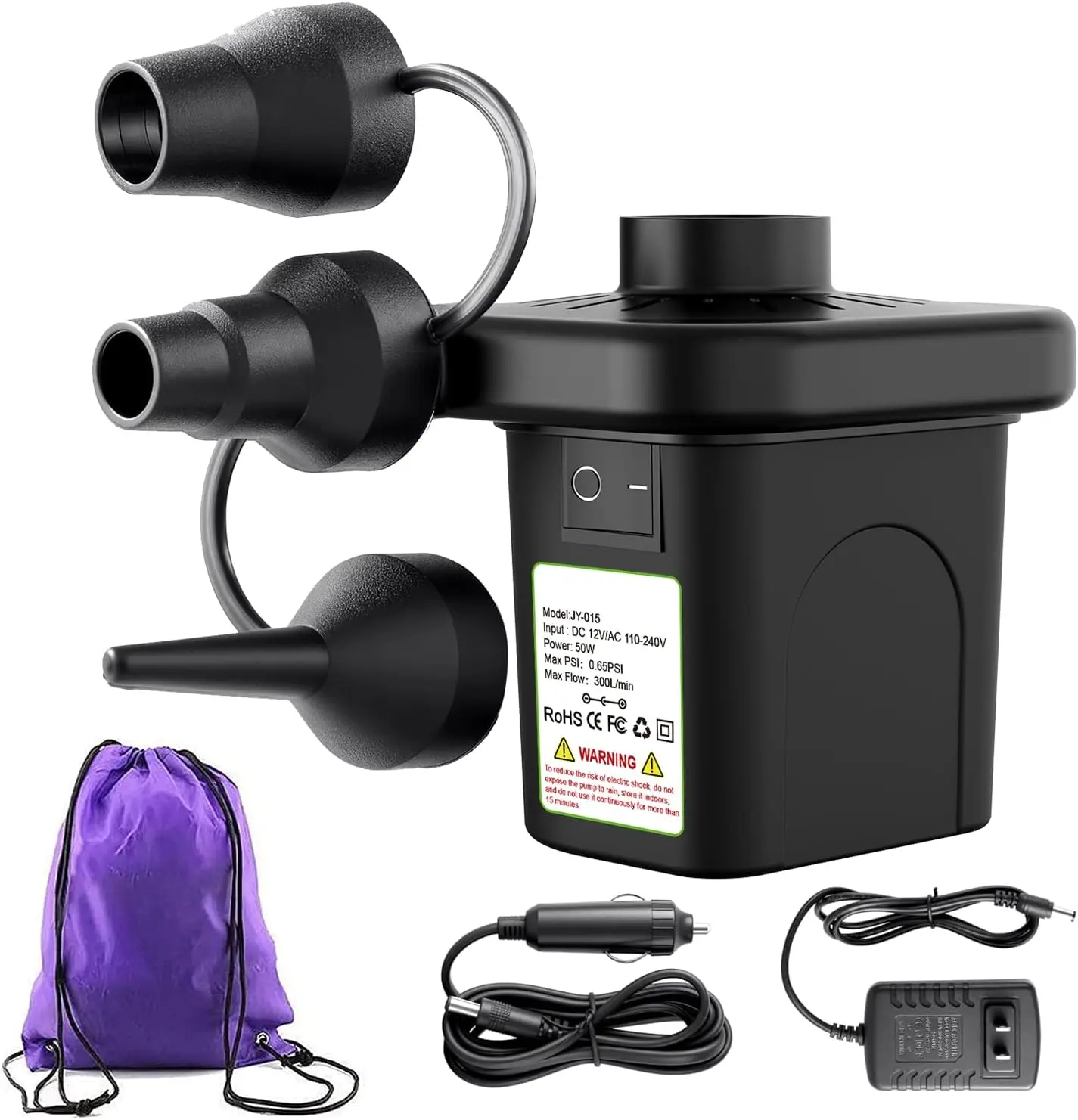 Portable Electric Air Pump 110V/12V for Inflatables, Pool, Airbeds, 3 Nozzles, Storage Bag
Portable Electric Air Pump 110V/12V for Inflatables, Pool, Airbeds, 3 Nozzles, Storage Bag