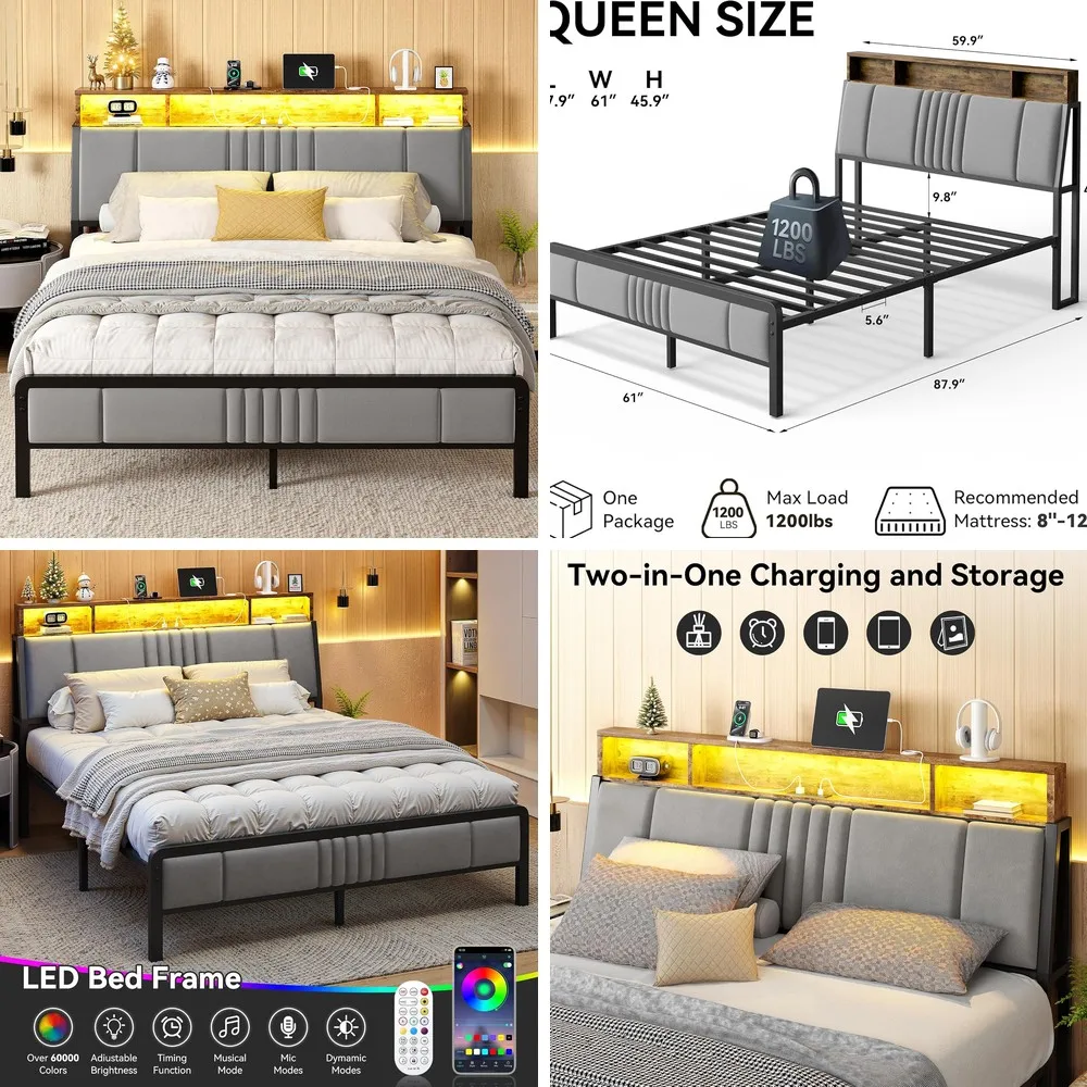 Queen Size Bed Frame with Storage Headboard, Charging Station, LED Lights & Metal Slat Support, Noise Free, Grey
Queen Size Bed Frame with Storage Headboard, Charging Station, LED Lights & Metal Slat Support, Noise Free, Grey