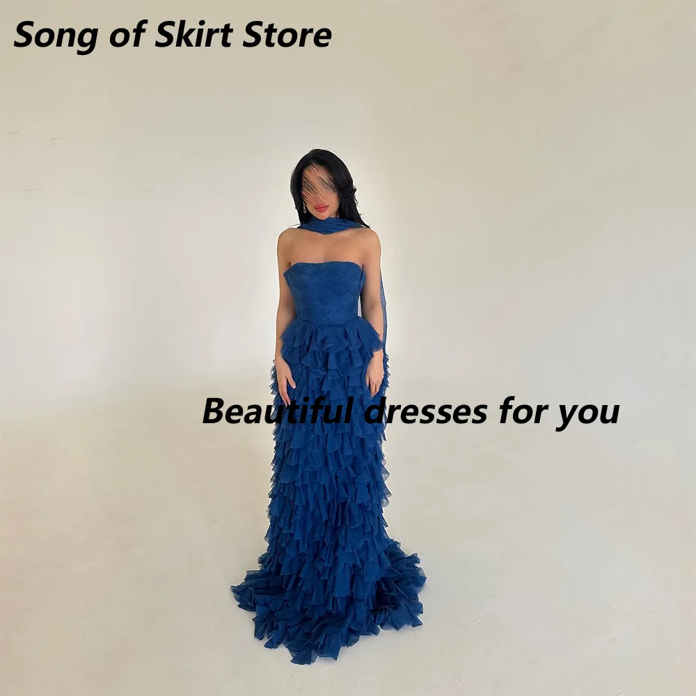 Blue Evening Dress Customized Strapless Floor Length A Line Chiffon Saudi Arab Prom Gown Sweep Train Formal Party Gown
Blue Evening Dress Customized Strapless Floor Length A Line Chiffon Saudi Arab Prom Gown Sweep Train Formal Party Gown