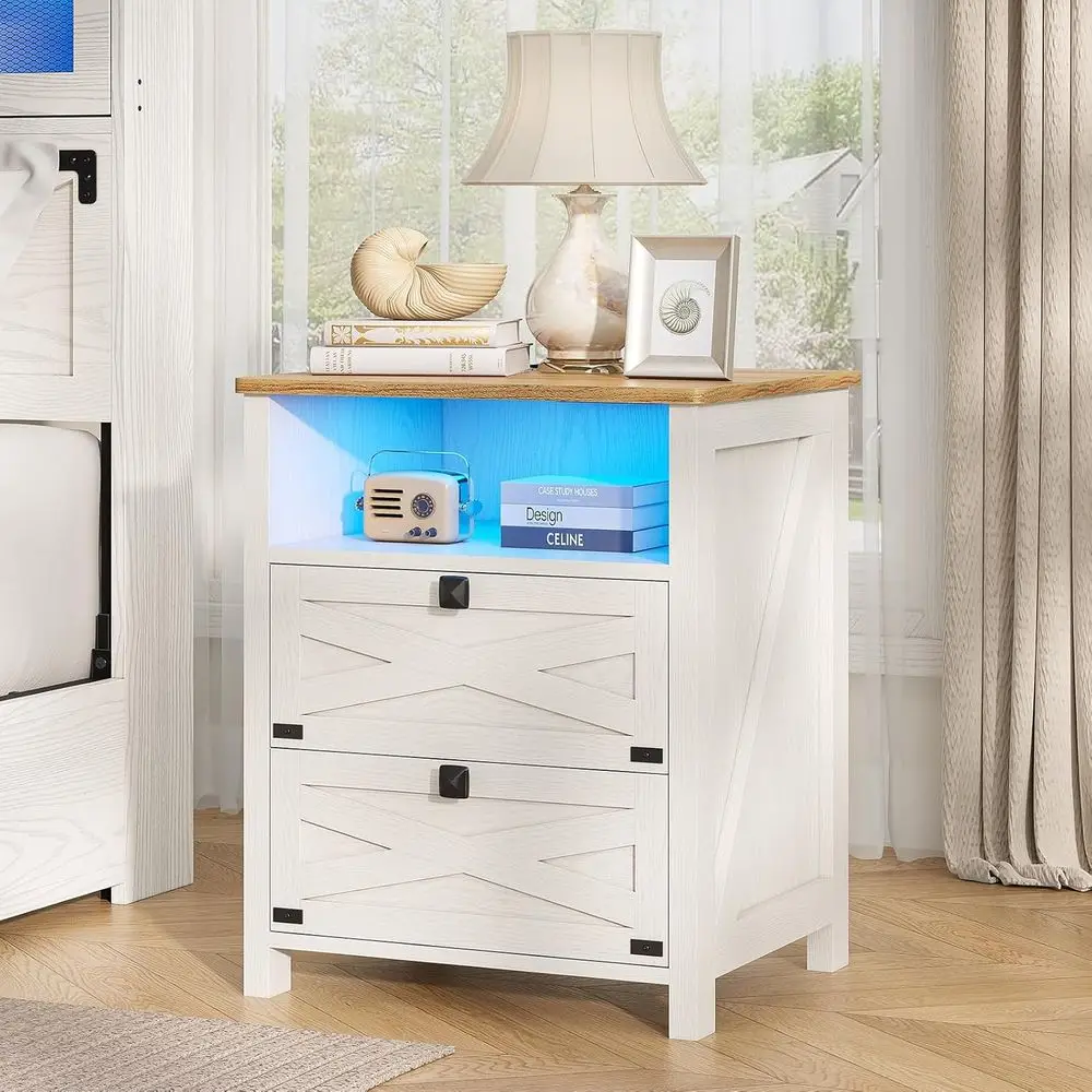 Vintage White Rustic Nightstand with Charging Station, LED Lights, 2 Drawers, and Open Storage Cubby for Bedroom
Vintage White Rustic Nightstand with Charging Station, LED Lights, 2 Drawers, and Open Storage Cubby for Bedroom
