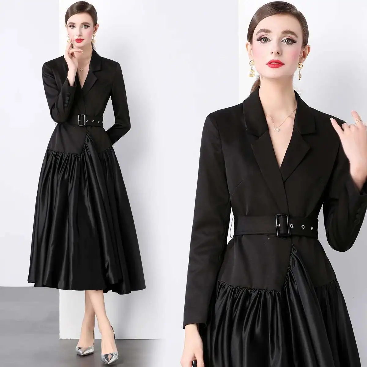 Quality Autumn Winter Notched Suit Coat Dress Women Patchwork Belt Office Lady Long Sleeve Maxi Work Dresses Black
Quality Autumn Winter Notched Suit Coat Dress Women Patchwork Belt Office Lady Long Sleeve Maxi Work Dresses Black