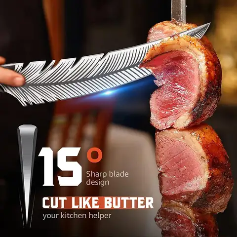 Cuchillo de plumas forjado a mano, cuchillo de carnicero vikingo, deshuesado para cortar carne, cuchillos de Chef japonés con funda para cocina