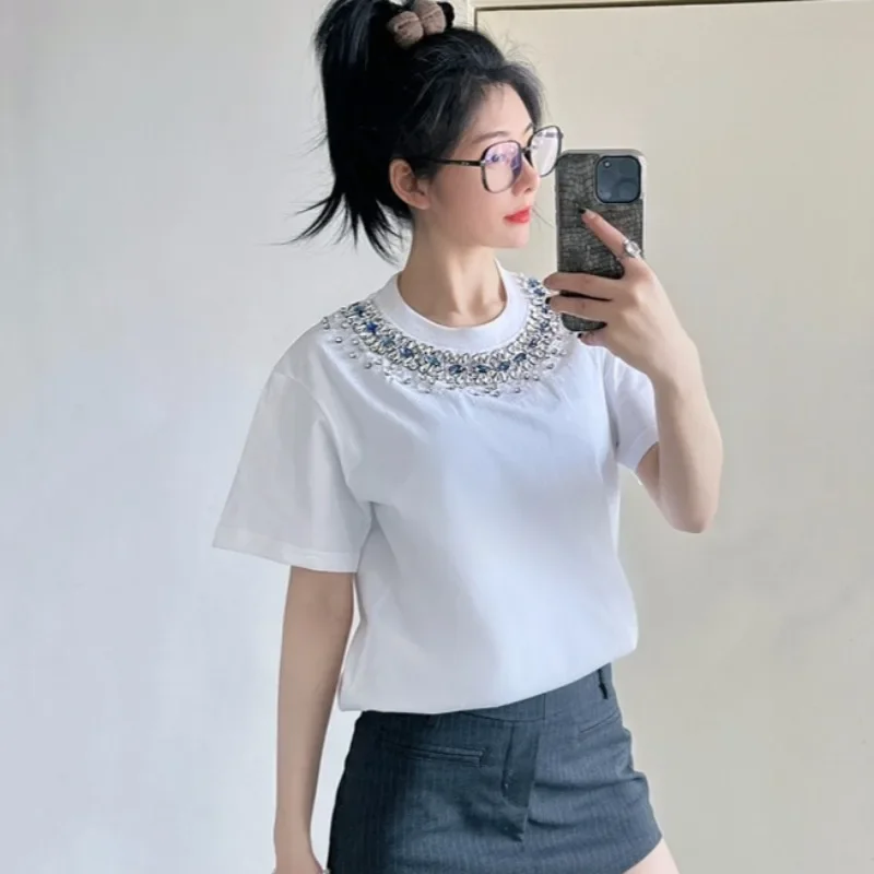 2025 New Summer Short Sleeve Rhinestones Beading T Shirts Women Heavy Industry Round Neck Casual Loose T-shirt Tops Cotton Tees
2025 New Summer Short Sleeve Rhinestones Beading T Shirts Women Heavy Industry Round Neck Casual Loose T-shirt Tops Cotton Tees