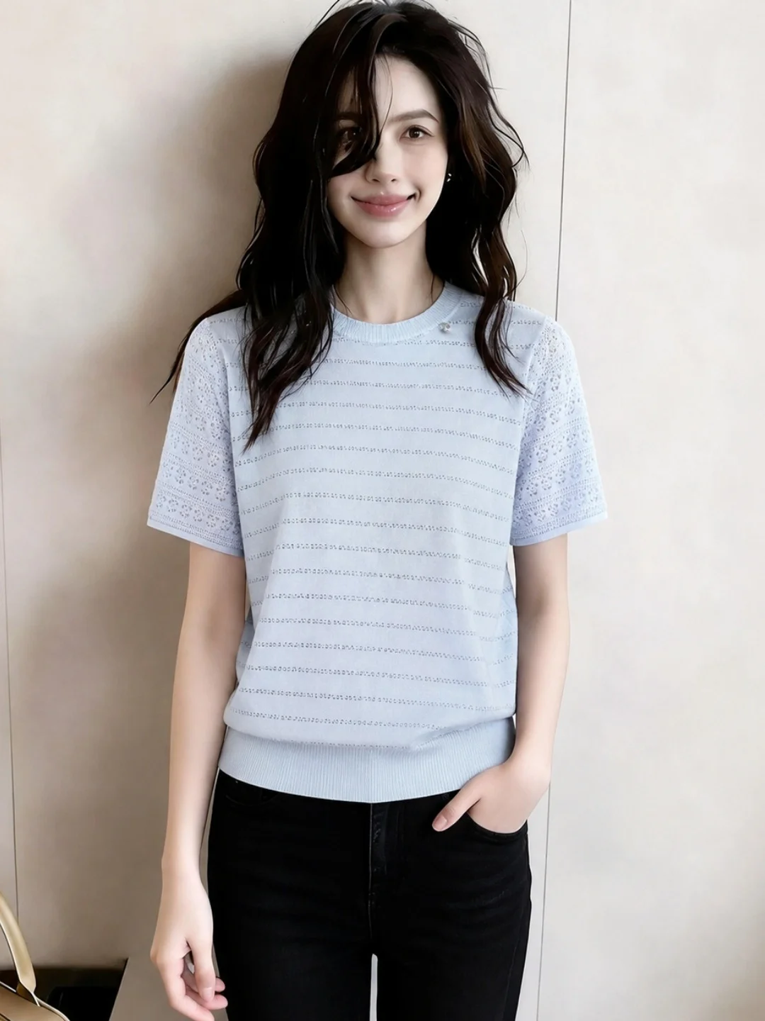 Fashionable round Neck Hollow out Silk Knit Top Short Sleeve Women's Summer Clothing Elegant Versatile Korean Style Commute
Fashionable round Neck Hollow out Silk Knit Top Short Sleeve Women's Summer Clothing Elegant Versatile Korean Style Commute