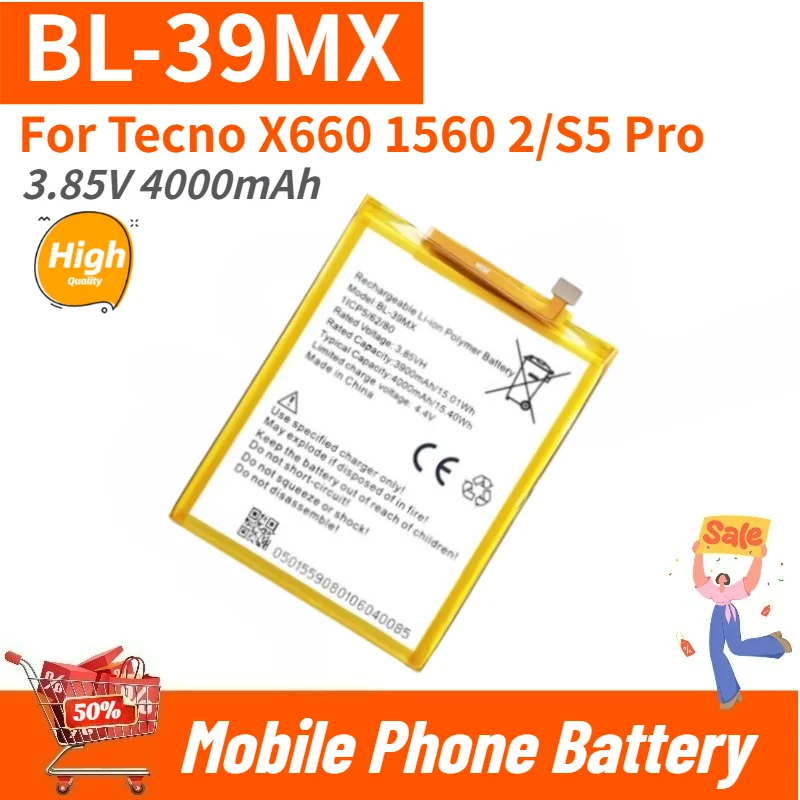 BL-39MX High Quality Phone Battery 3.85V 4000mAh For Tecno X660 1560 2/S5 Pro Brand New Replacement Battery
BL-39MX High Quality Phone Battery 3.85V 4000mAh For Tecno X660 1560 2/S5 Pro Brand New Replacement Battery