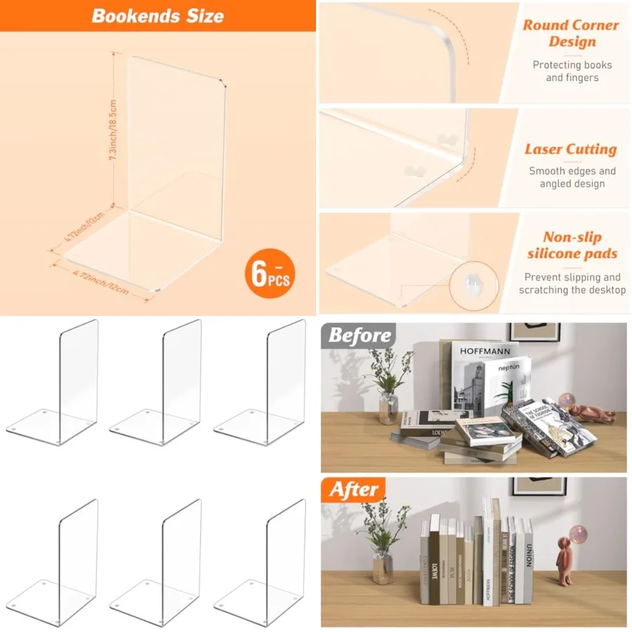 Acrylic Bookends 6 Pcs, Clear Book Ends for Shelves, Transparent Organizer, Holder Stand Decorative, Stoppers for Heavy Duty Bo
Acrylic Bookends 6 Pcs, Clear Book Ends for Shelves, Transparent Organizer, Holder Stand Decorative, Stoppers for Heavy Duty Bo