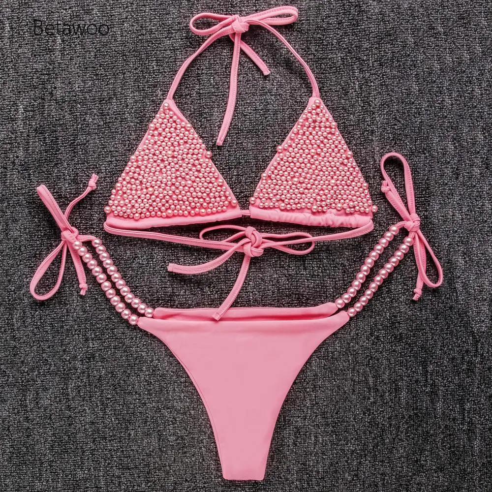 2026 Womens Pink Pearl Embellished Halter Neck Triangle Bikini Top with Pearl Trim Tie Side Bottom
2026 Womens Pink Pearl Embellished Halter Neck Triangle Bikini Top with Pearl Trim Tie Side Bottom