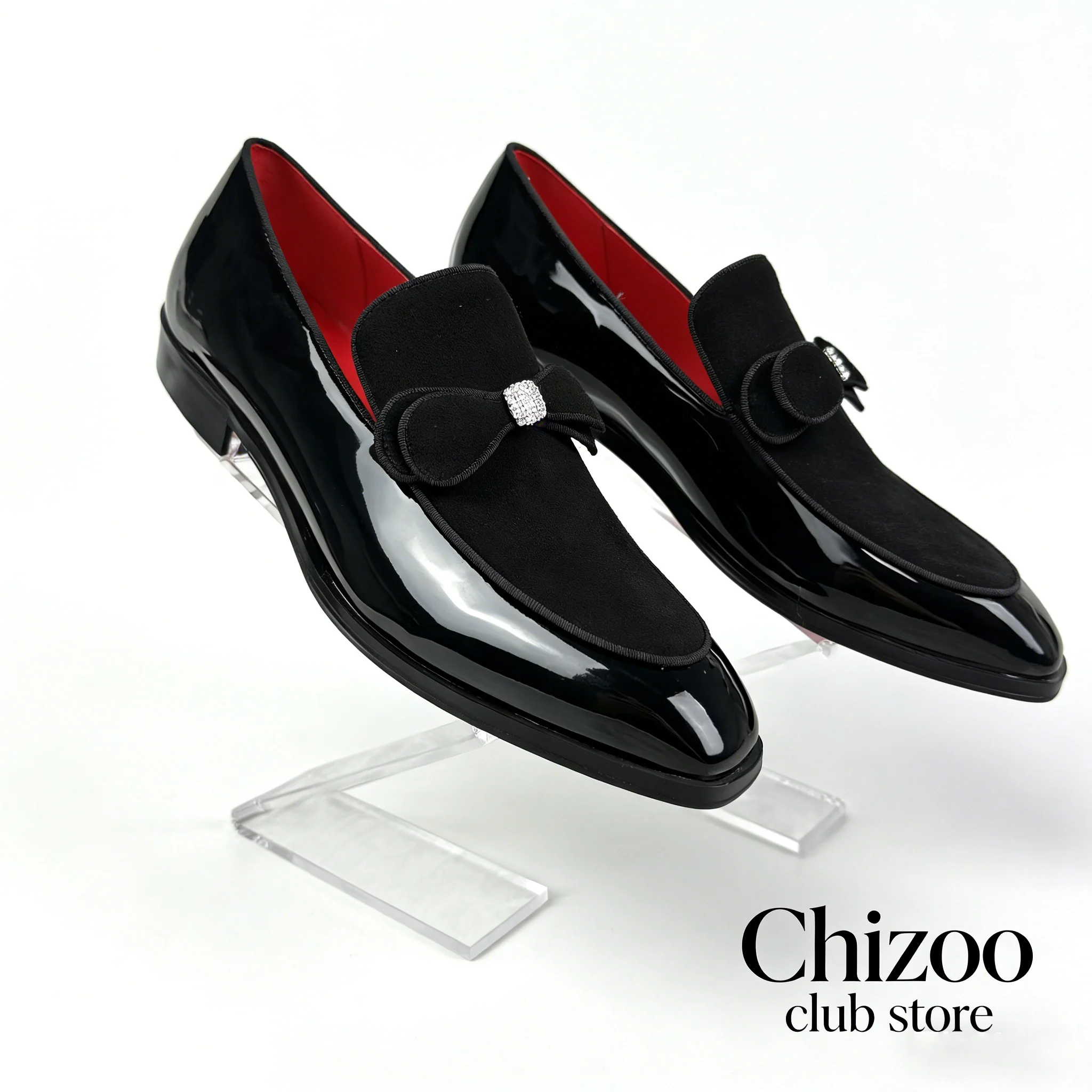 Men's Black Patent Leather Loafers with Red Insole, Luxury Crystal Bow Slip-On Dress Shoes, Formal Business Wedding Party Footwe
Men's Black Patent Leather Loafers with Red Insole, Luxury Crystal Bow Slip-On Dress Shoes, Formal Business Wedding Party Footwe