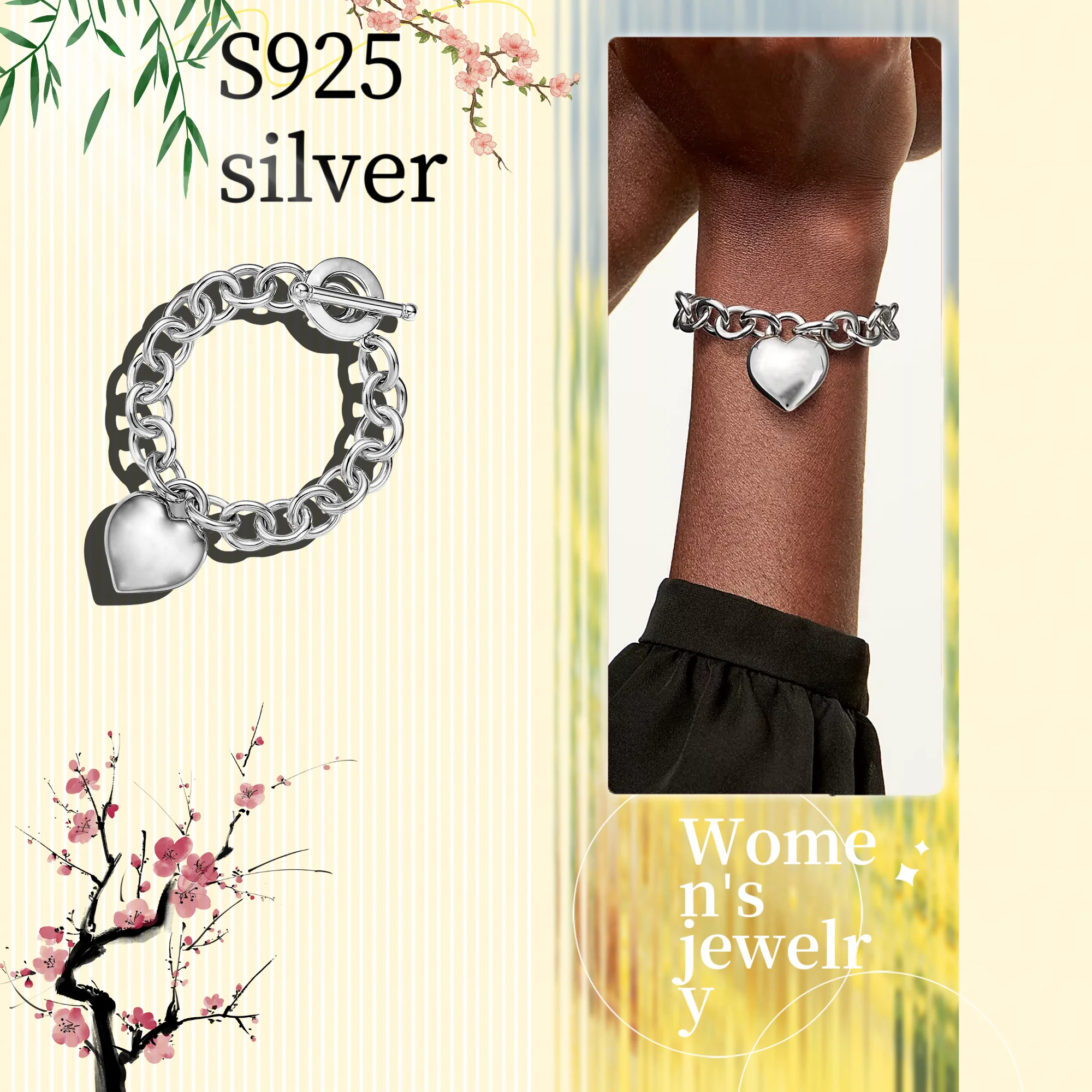 Heart shaped large circle hollow bracelet made of pure silver S925T, home style women's jewelry gift for wife matching
Heart shaped large circle hollow bracelet made of pure silver S925T, home style women's jewelry gift for wife matching