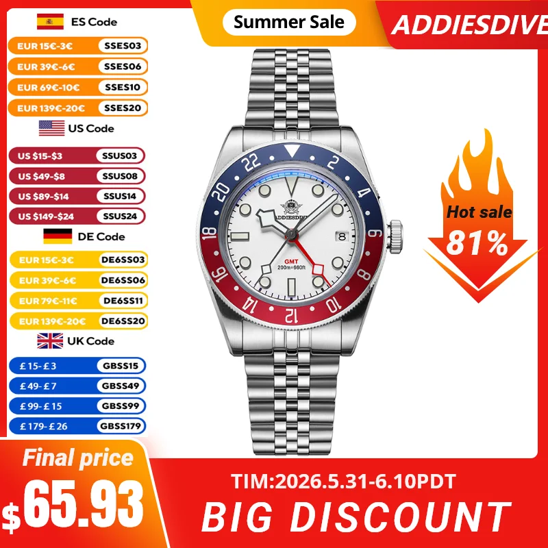 ADDIESDIVE GMT Men's Watch Waterproof Stainless Steel Quartz Watch BGW9 Super Luminous Wrist Watches Relogio Masculino AD2044
ADDIESDIVE GMT Men's Watch Waterproof Stainless Steel Quartz Watch BGW9 Super Luminous Wrist Watches Relogio Masculino AD2044