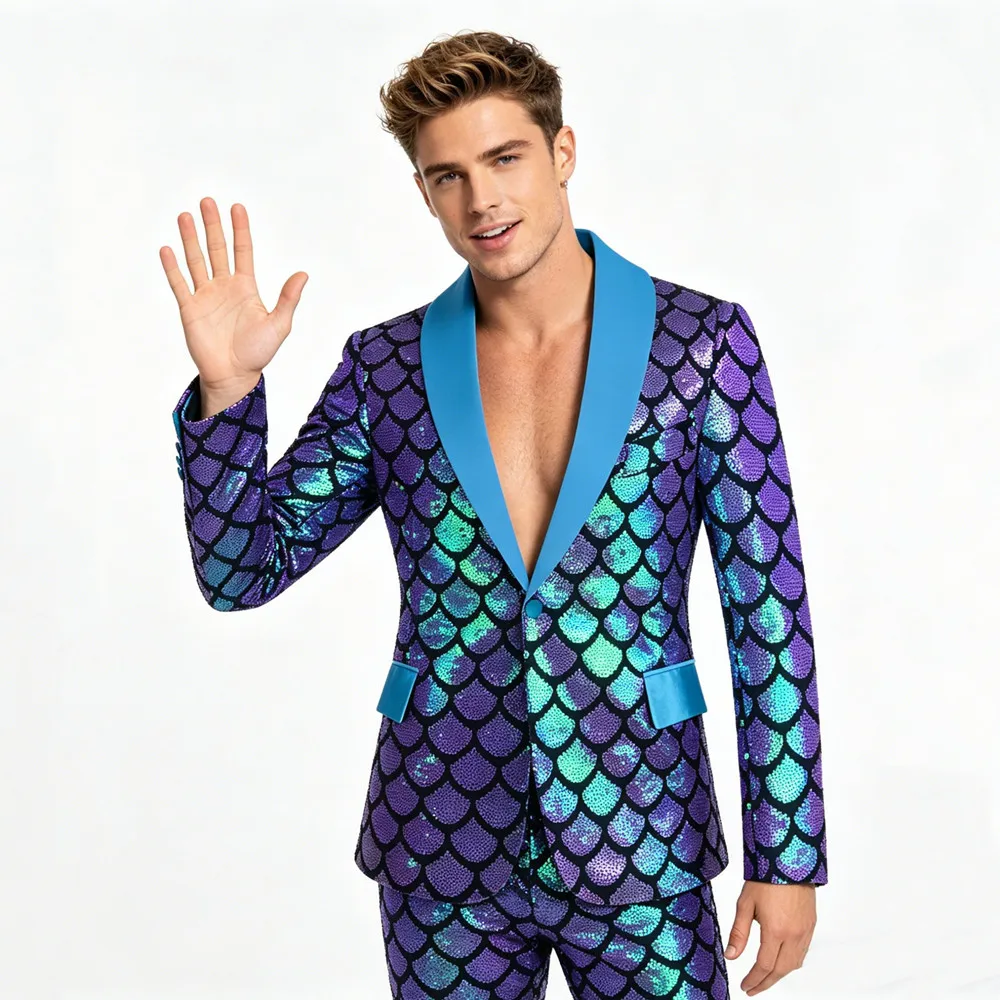Glitter Fish Scale Sequins Blazer Men Slim Fit Tuxedo Shiny Party Suit Jacket Shawl Collar Cosplay Role Playing Stage Costume
Glitter Fish Scale Sequins Blazer Men Slim Fit Tuxedo Shiny Party Suit Jacket Shawl Collar Cosplay Role Playing Stage Costume