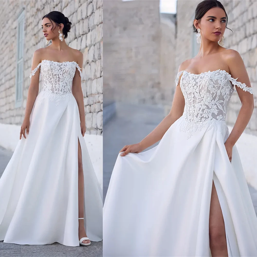 Elegant Off The Shoulder Sweethart Lace Applique Bridal Grown A Line Wedding Dresses Side Slit Sweep Train
Elegant Off The Shoulder Sweethart Lace Applique Bridal Grown A Line Wedding Dresses Side Slit Sweep Train