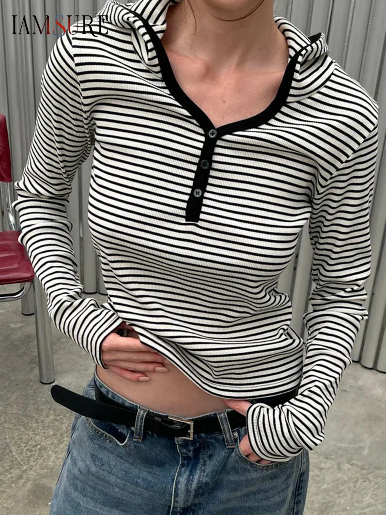 IAMSURE Casual Hooded Striped T Shirt Basic Slim V-Neck Button Long Sleeve Tees Women 2025 Autumn Spring Fashion Streetwear Lady
IAMSURE Casual Hooded Striped T Shirt Basic Slim V-Neck Button Long Sleeve Tees Women 2025 Autumn Spring Fashion Streetwear Lady