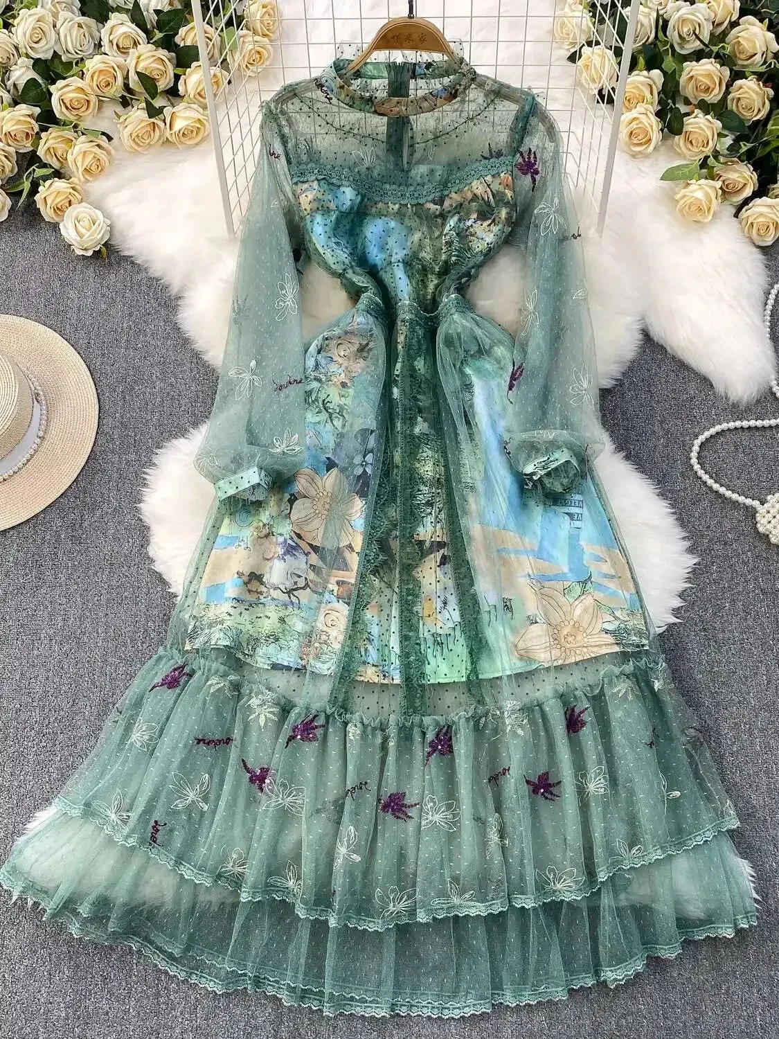 Elegant Floral Embroidery Evening Dress for Women, Summer Long Sleeve Tulle Princess Midi Dress
Elegant Floral Embroidery Evening Dress for Women, Summer Long Sleeve Tulle Princess Midi Dress