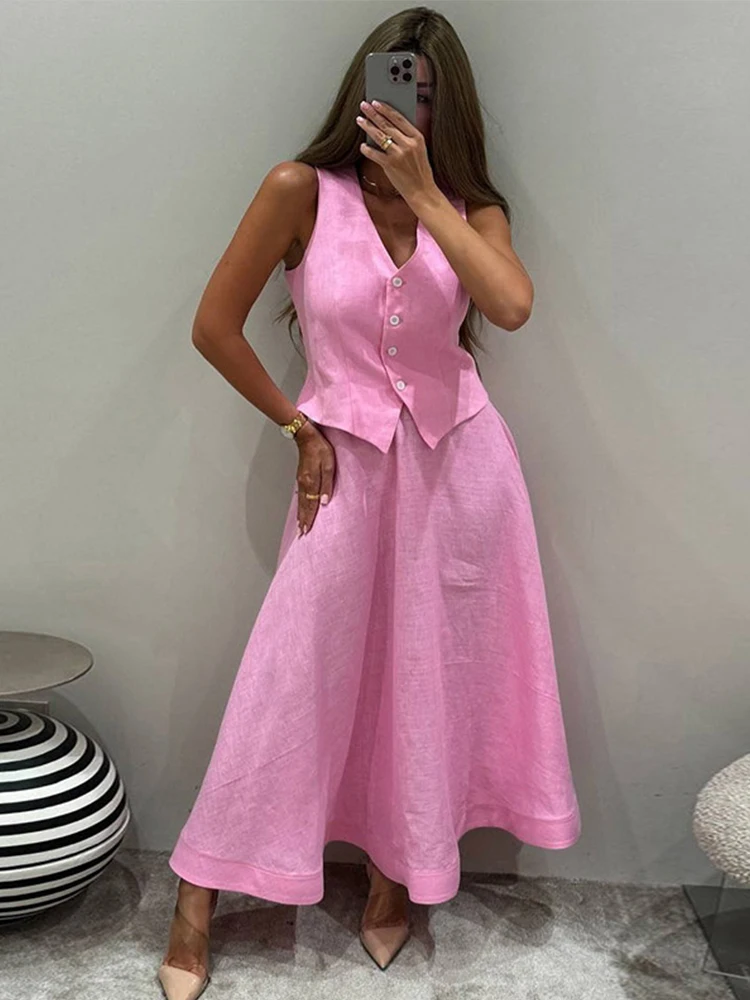 Solid Single Breasted Vest Skirts Suit Women's V Neck Sleeveless Waistcoat Loose High Waisted Long Skirt 2025 Summer Lady Outfit
Solid Single Breasted Vest Skirts Suit Women's V Neck Sleeveless Waistcoat Loose High Waisted Long Skirt 2025 Summer Lady Outfit