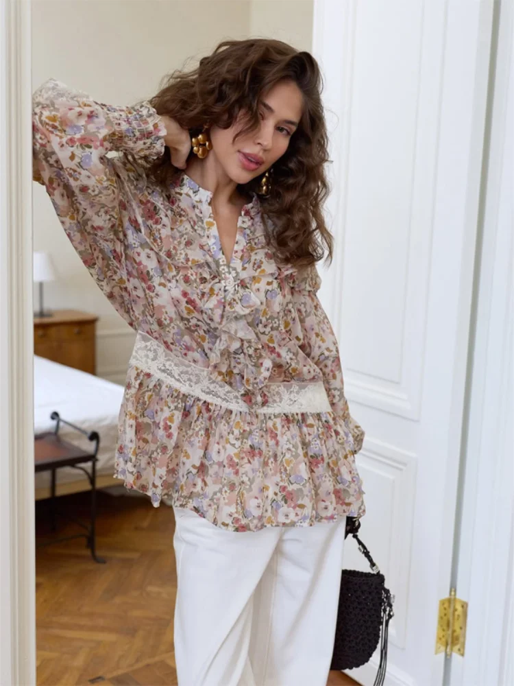 Floral Print Lace-up Ruffle Shirt Elegant Women Casual Full Sleeve V-neck Loose Thin Shirts Lady Daily Outwear 2026 New Spring
Floral Print Lace-up Ruffle Shirt Elegant Women Casual Full Sleeve V-neck Loose Thin Shirts Lady Daily Outwear 2026 New Spring
