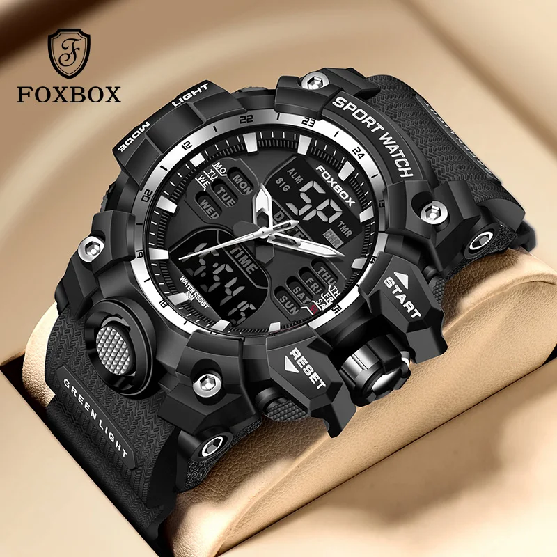 FOXBOX Design Военные мужские часы Водонепроницаемые цифровые модные большие часы с двойным дисплеем для мужчин Светодиодные мужские кварцевые наручные часы с коробкой 
FOXBOX Design Военные мужские часы Водонепроницаемые цифровые модные большие часы с двойным дисплеем для мужчин Светодиодные мужские кварцевые наручные часы с коробкой