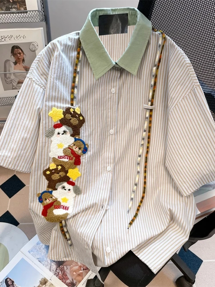 Japanese Vintage Shirts Contrast Color Striped Embroidery Short Sleeve Blouse Cartoon Patchwork Tops Preppy Style Women Clothing
Japanese Vintage Shirts Contrast Color Striped Embroidery Short Sleeve Blouse Cartoon Patchwork Tops Preppy Style Women Clothing