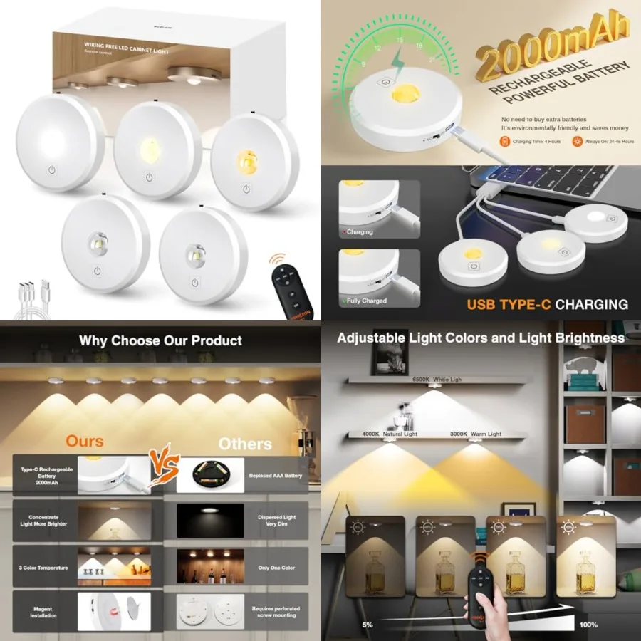 Puck Lights with Remote Control Rechargeable, Wireless Under Cabinet Lighting, 2000mAh Battery Operated Tap Push Touch Light, S
Puck Lights with Remote Control Rechargeable, Wireless Under Cabinet Lighting, 2000mAh Battery Operated Tap Push Touch Light, S