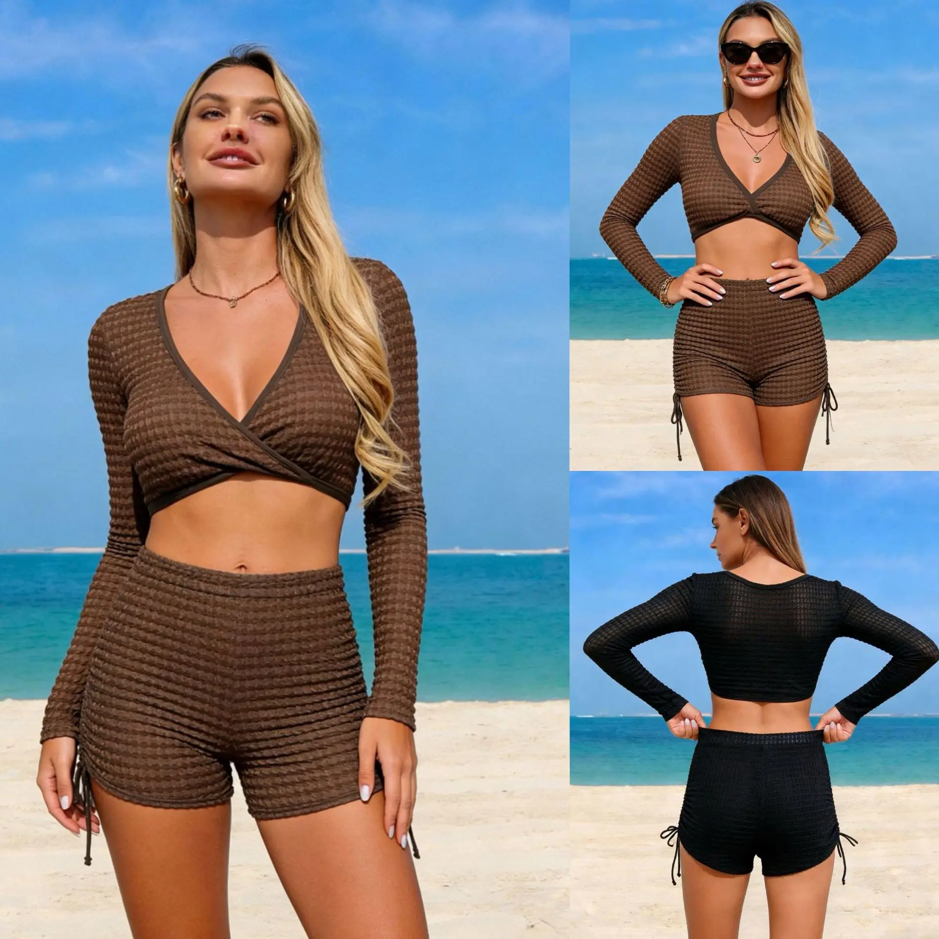 2026 Women‘s Long Sleeve Two Piece Swimsuit Solid Color Sexy Crop Bikini Tops Summer Short Drawstring Summer Swimsuit Beachwear
2026 Women‘s Long Sleeve Two Piece Swimsuit Solid Color Sexy Crop Bikini Tops Summer Short Drawstring Summer Swimsuit Beachwear