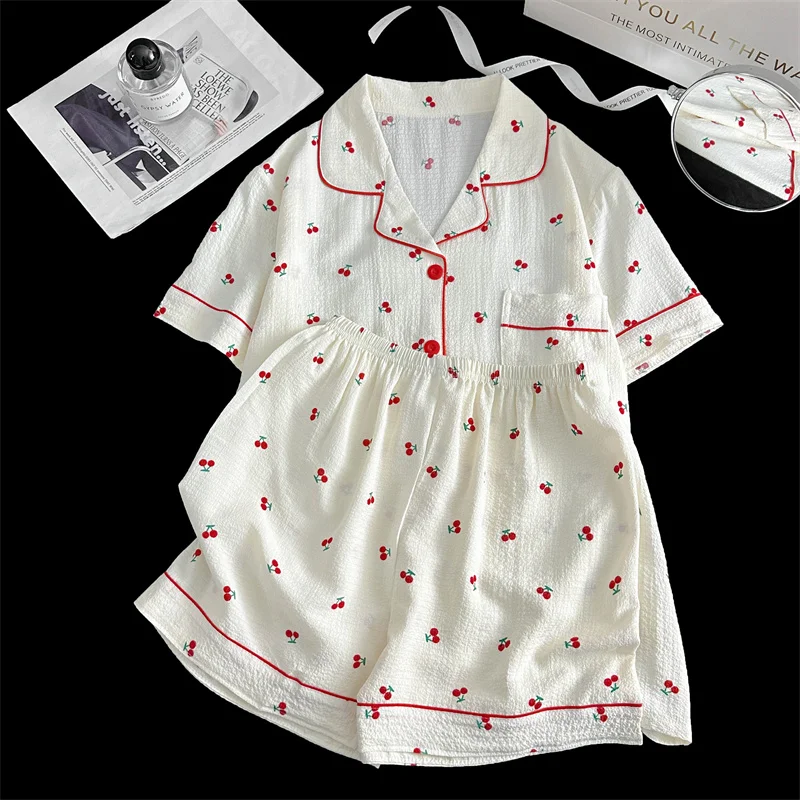 Summer Short Sleeve Sleepwear Women's Bubble Gauze Pleated Cardigan Sweet Little Cherry Thin Home Clothes Set Casual Style 23 S0305325852bd4d2893c6ae6953e92d1c5