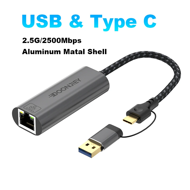 DOONJIEY USB C Ethernet Adapter 2.5G 2 IN 1 USB 3.0 Network Card to USB RJ45 Lan for Laptop MacBook Gigabit Network Card
DOONJIEY USB C Ethernet Adapter 2.5G 2 IN 1 USB 3.0 Network Card to USB RJ45 Lan for Laptop MacBook Gigabit Network Card