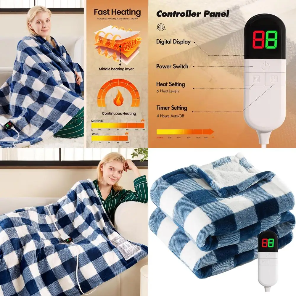 62x84 Sherpa Buffalo Plaid Electric Twin Blanket, 8 Heat Levels, 8-Hour Auto-Off, Washable, Overheat Protection, ETL Certified,
62x84 Sherpa Buffalo Plaid Electric Twin Blanket, 8 Heat Levels, 8-Hour Auto-Off, Washable, Overheat Protection, ETL Certified,