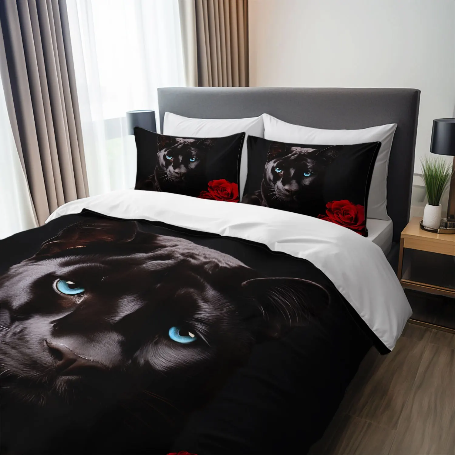 Роскошный комплект постельного белья из 3 предметов с черной пантерой и розой, элегантный пододеяльник в готическом стиле со стандартными наволочками
Роскошный комплект постельного белья из 3 предметов с черной пантерой и розой, элегантный пододеяльник в готическом стиле со стандартными наволочками