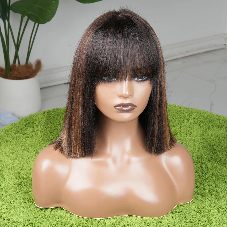 10 Inch Highlight Yaki Straight Bob Human Hair Wig With Bangs Middle Part 1x4 Lace Glueless Wig Wear And Go 200% Density
10 Inch Highlight Yaki Straight Bob Human Hair Wig With Bangs Middle Part 1x4 Lace Glueless Wig Wear And Go 200% Density
