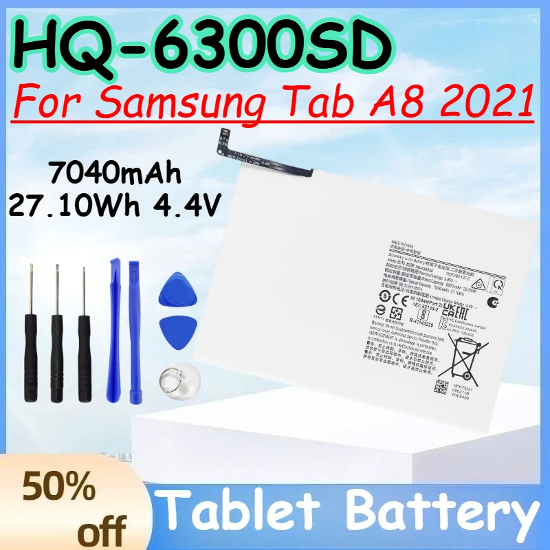 HQ-6300SD 7040mAh 27.10Wh 4.4V High Quality Battery for Samsung Tab A8 2021 Replace Tablet Battery+Free Tools
HQ-6300SD 7040mAh 27.10Wh 4.4V High Quality Battery for Samsung Tab A8 2021 Replace Tablet Battery+Free Tools