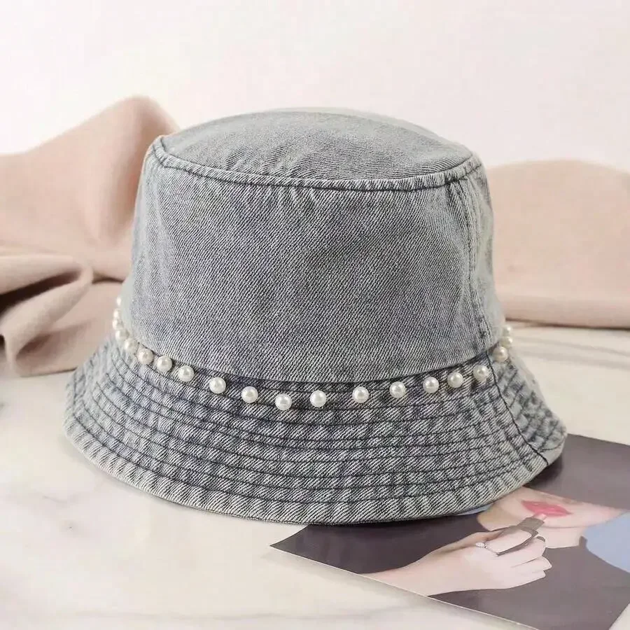 Womens Denim Bucket Hat With Faux Pearl Trim Vintage Washed Wide Brim Casual Streetwear Summer Accessory
Womens Denim Bucket Hat With Faux Pearl Trim Vintage Washed Wide Brim Casual Streetwear Summer Accessory