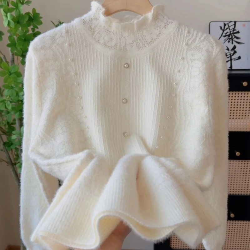 Lace Splice Knitted Sweater Women's Inner Wear High Collar Beaded Loose Fit Soft Korean Long Sve Top TT828
Lace Splice Knitted Sweater Women's Inner Wear High Collar Beaded Loose Fit Soft Korean Long Sve Top TT828